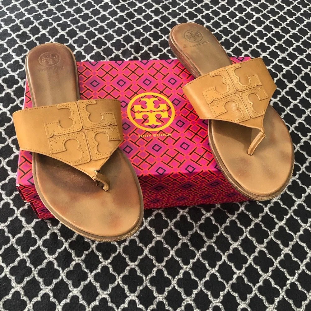 Tory Burch Womens Jamie Brown Tan 10.5 Calf Leather Full Logo Thong Brown 48275